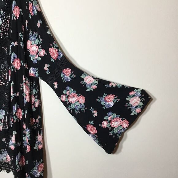 Bell sleeve roses pattern embroidery black cover up duster boho hippie floaty 2X - Picture 3 of 9